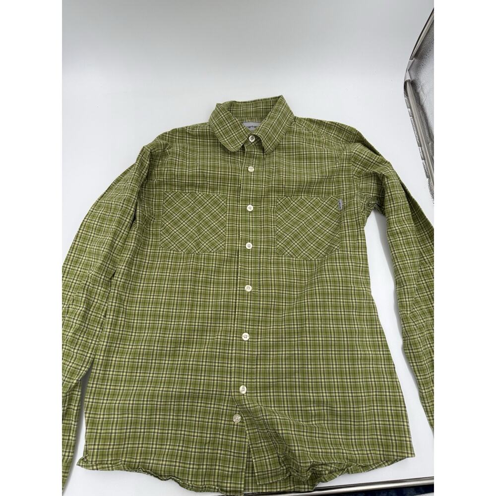 Men's Carhartt Long Sleeve Shirt Size M Button Down Pocket Green Plaid Cotton